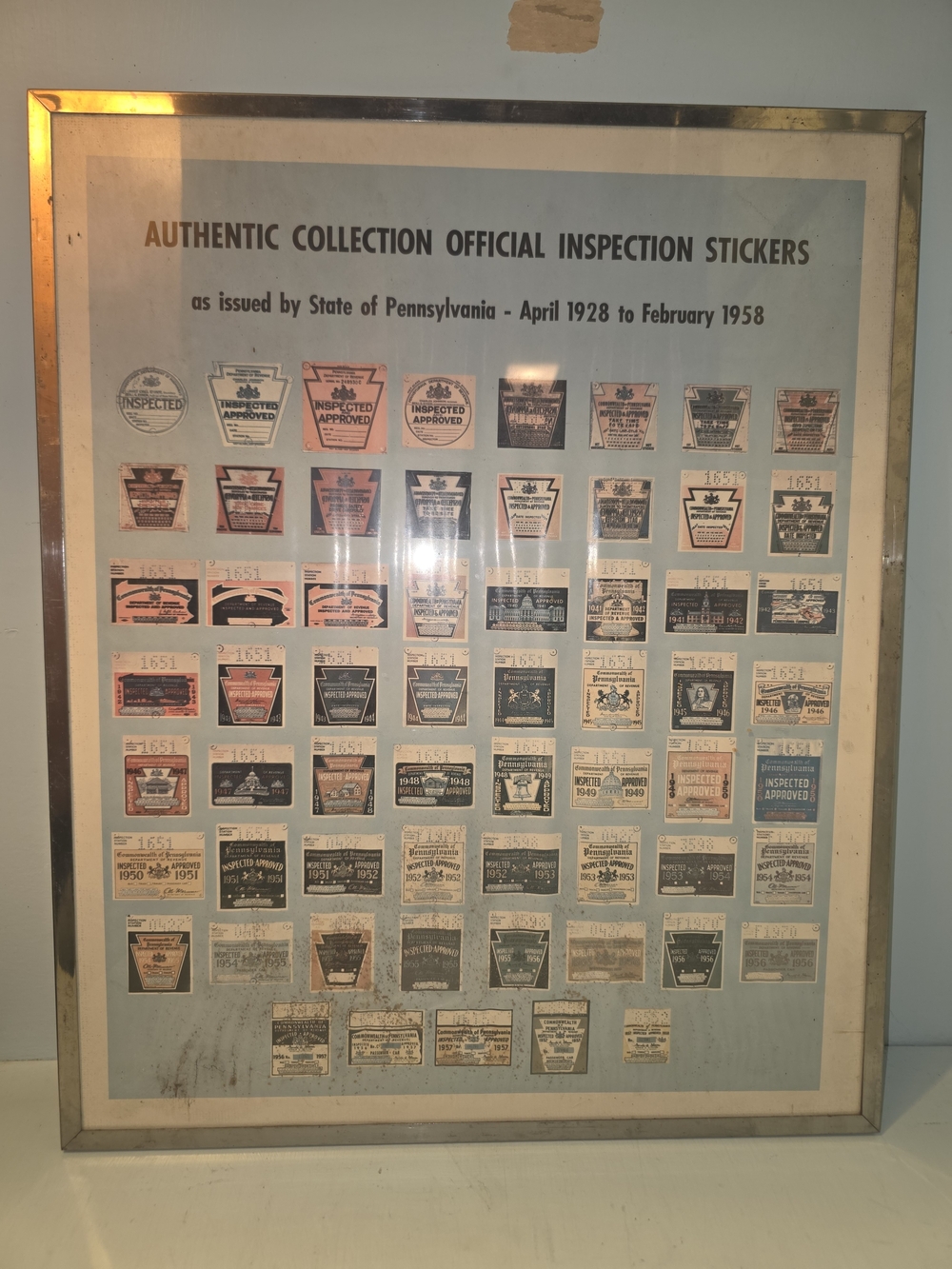 Framed Vintage Pennsylvania Inspection Sticker Display